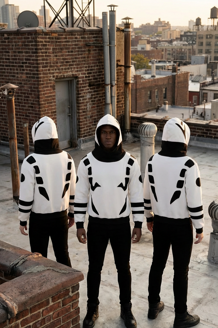 Vue arrière d’un hoodie streetwear premium inspiré de l’univers Jujutsu Kaisen. Motifs maudits réinterprétés par découpes textiles, contraste off-white et noir, silhouette moderne pensée pour les fans de JJK à la recherche d’un vêtement fort et portable.