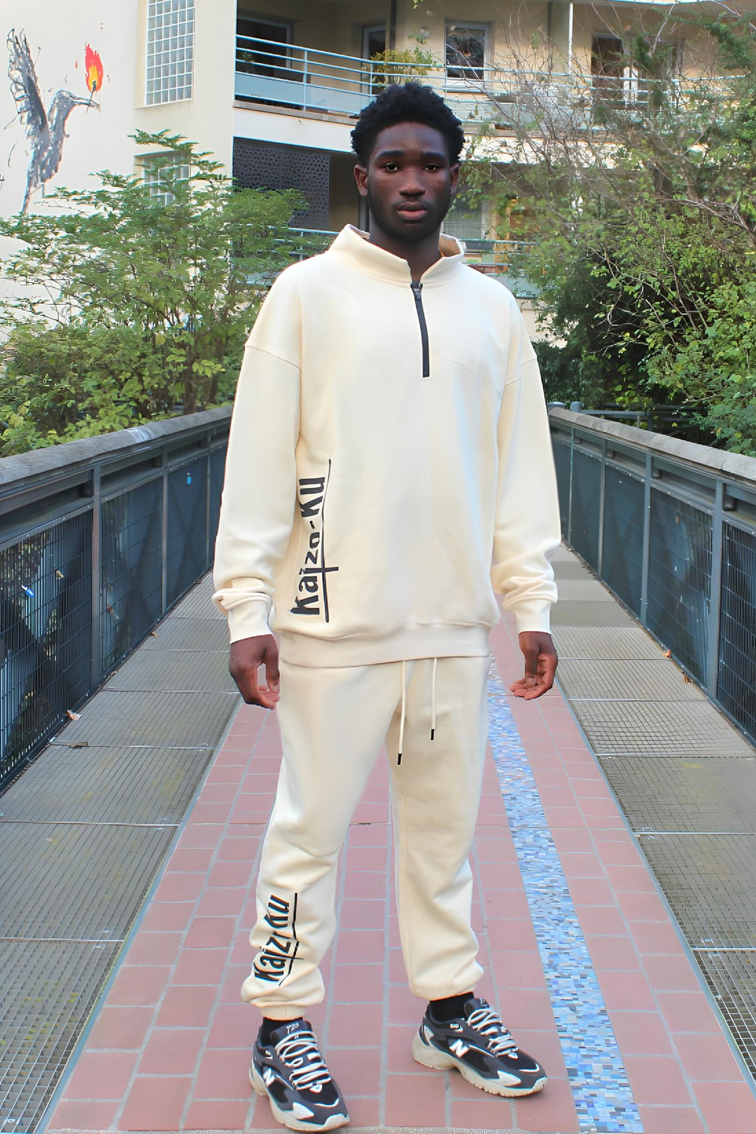 Kaizo-Ku Beige Matched Set: Fisherman Beanie, Half-Zip Sweatshirt & Joggers