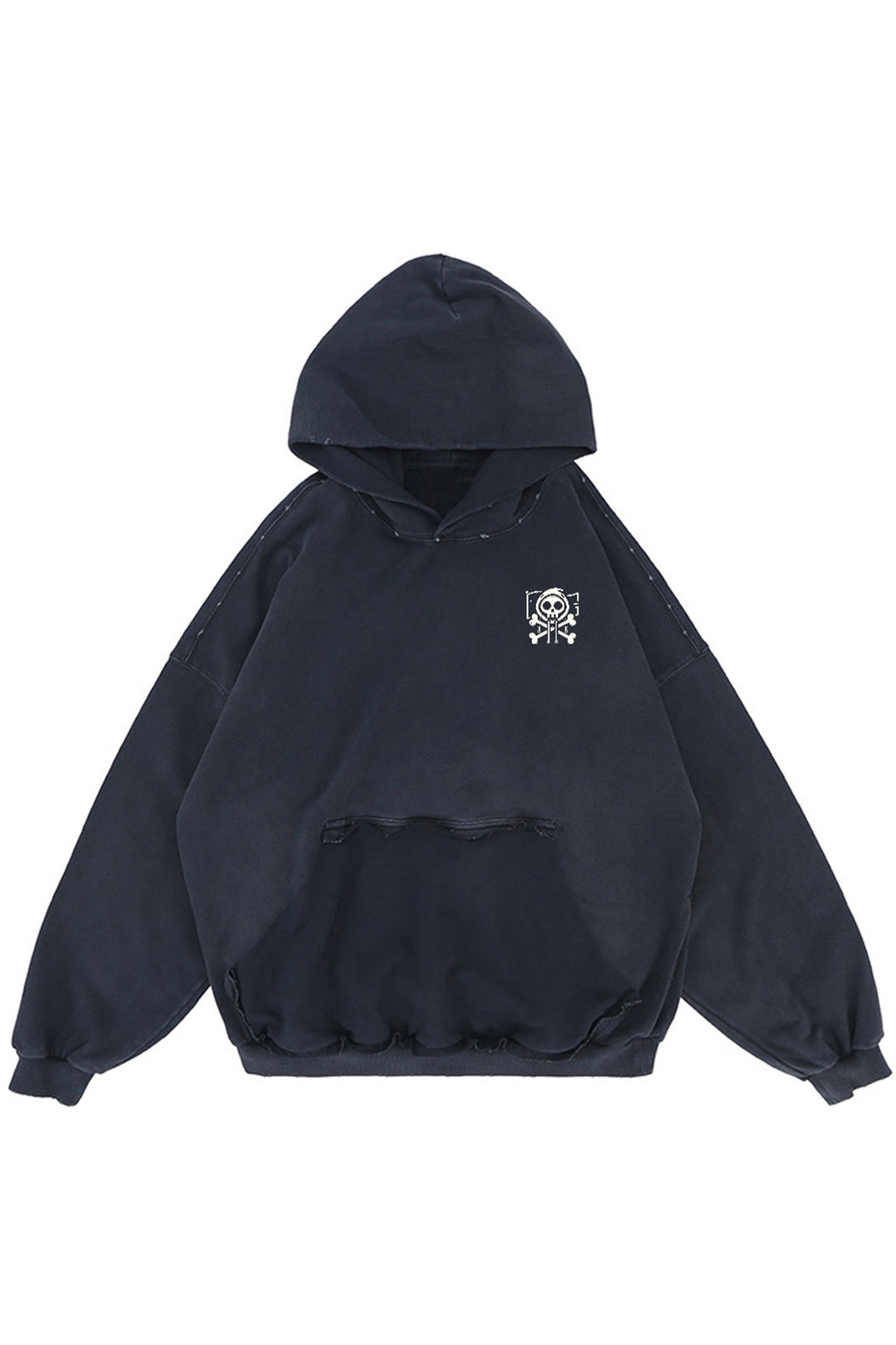 Flat lay of the Kaizo-Ku Distressed Skull Hoodie, featuring the iconic Kaizo-Ku skull logo and premium distressed finish for urban style lovers