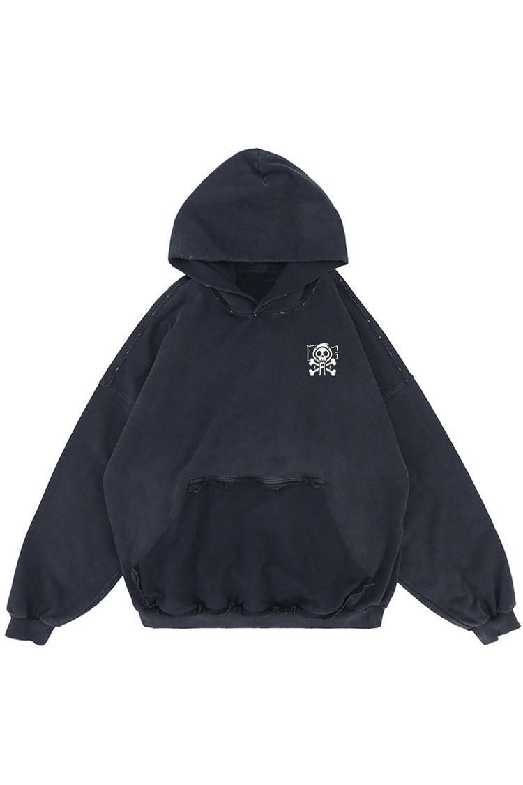 Flat lay of the Kaizo-Ku Distressed Skull Hoodie, featuring the iconic Kaizo-Ku skull logo and premium distressed finish for urban style lovers