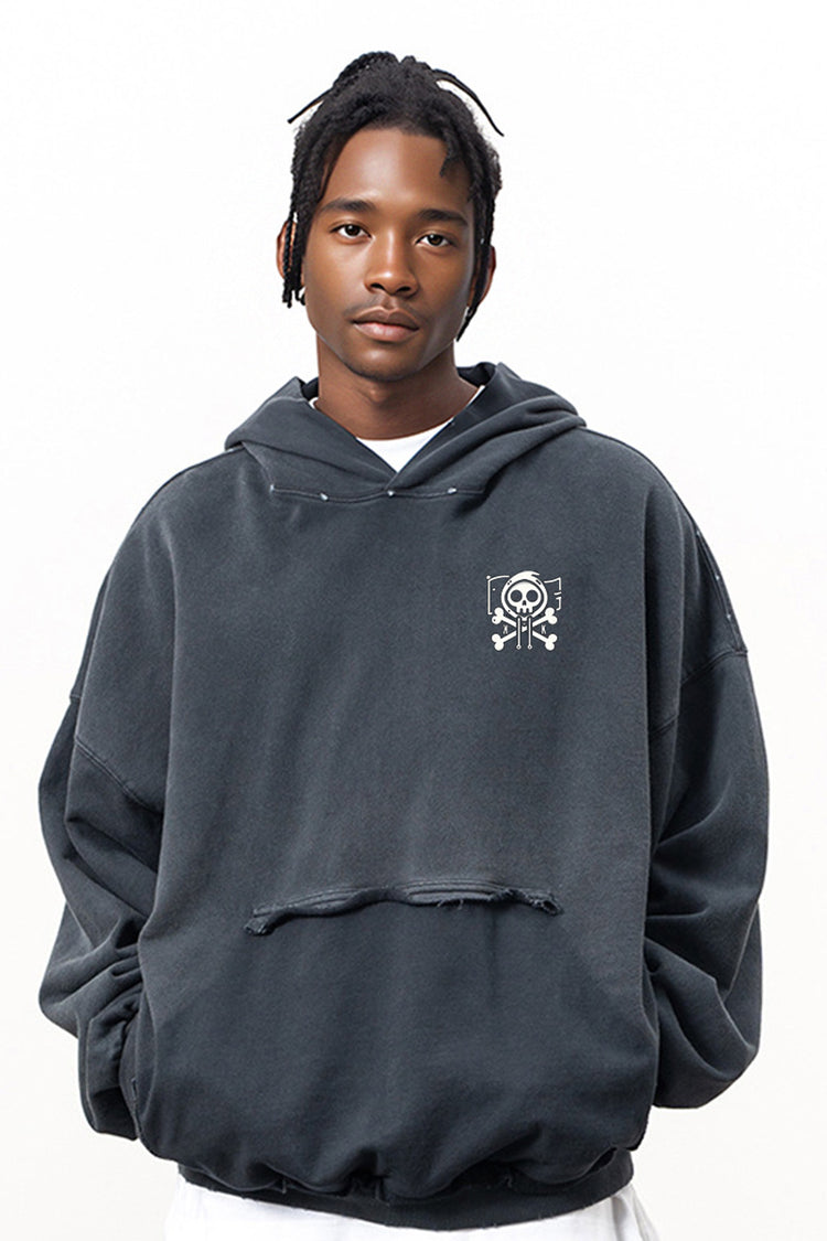 Model showcasing the Kaizo-Ku Distressed Skull Hoodie in a relaxed fit, featuring subtle distressing and the iconic Kaizo-Ku skull logo on the chest. Perfect for urban streetwear enthusiasts.