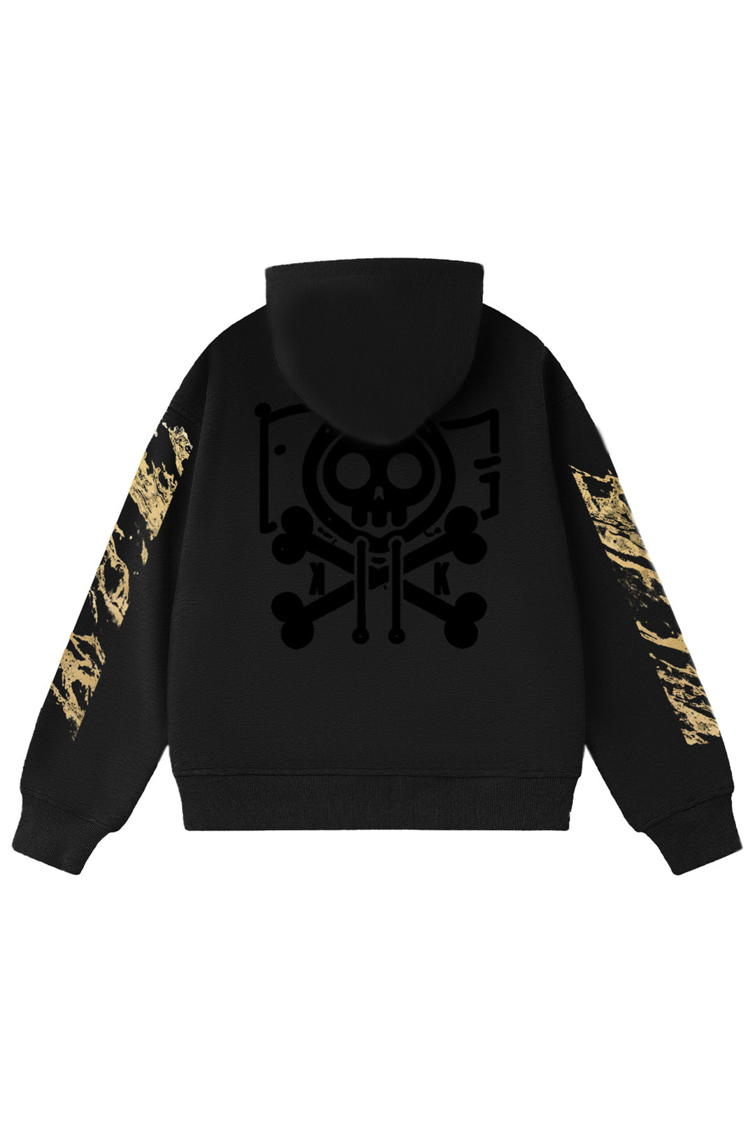 Back view of Kaizo-Ku Gold Splatter Skull Hoodie showcasing the skull logo and gold splatter accents.