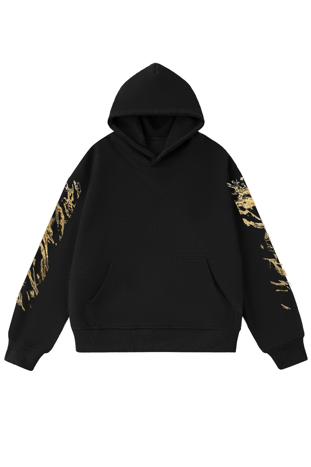 Front view of Kaizo-Ku Gold Splatter Skull Hoodie with gold splatter sleeve design.