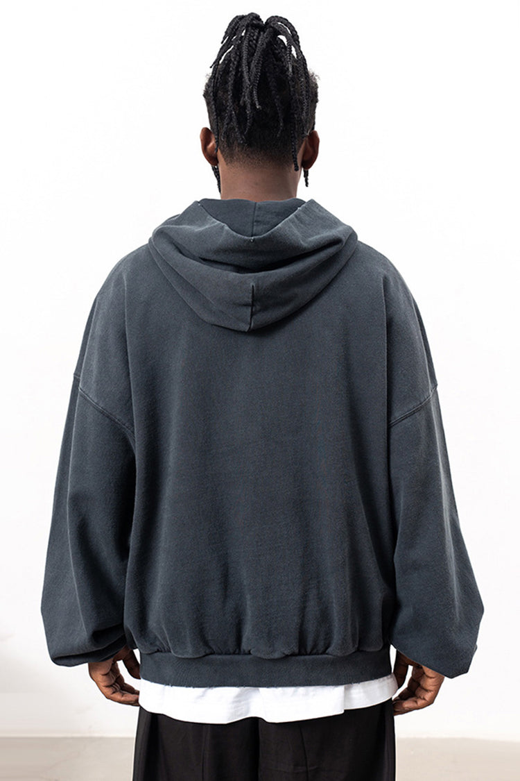 Flat lay of the back design of the Kaizo-Ku Distressed Skull Hoodie, showcasing the clean lines and subtle distressed details for an edgy look.