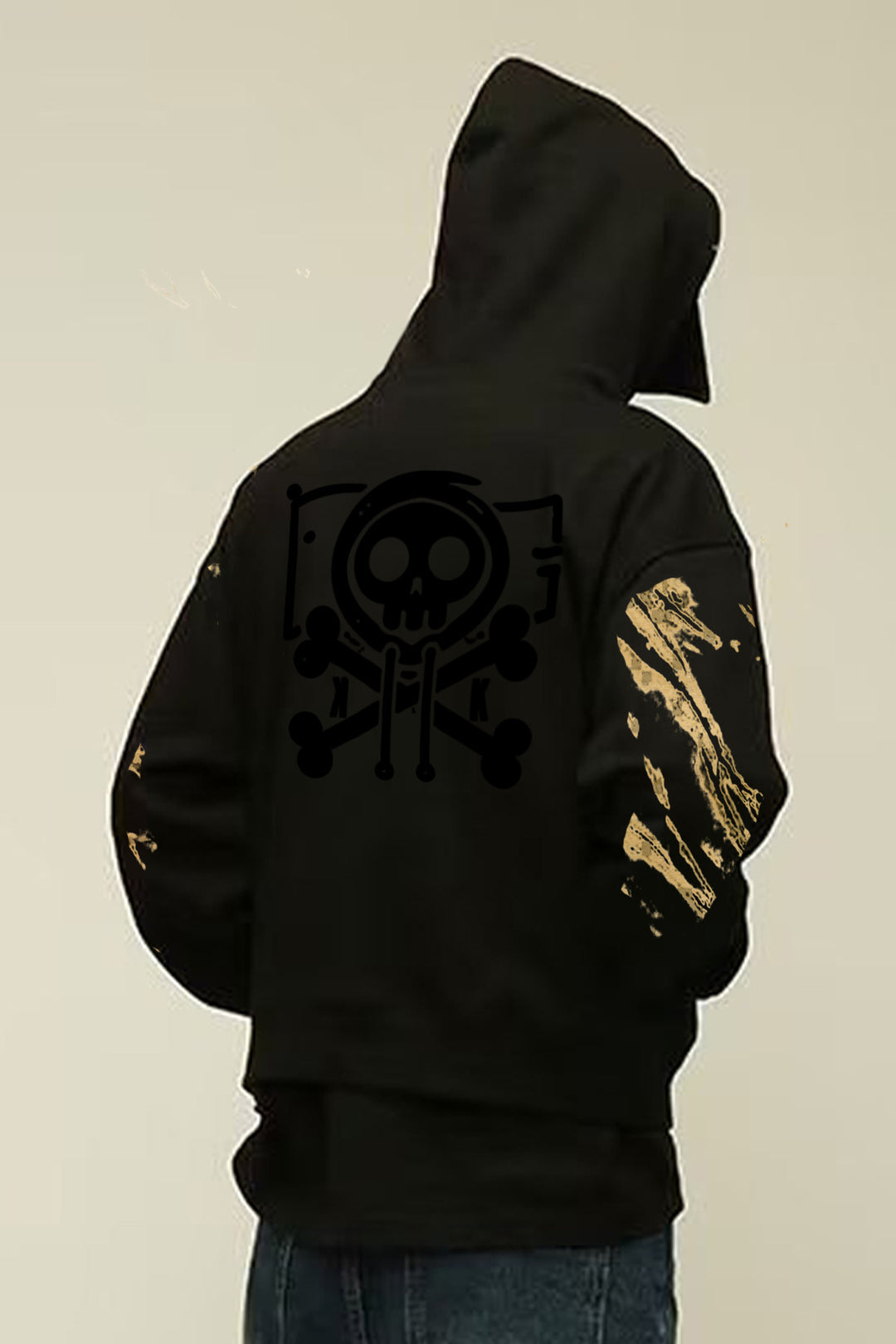 Kaizo-Ku Gold Splatter Skull Hoodie featuring premium streetwear style and skull logo.