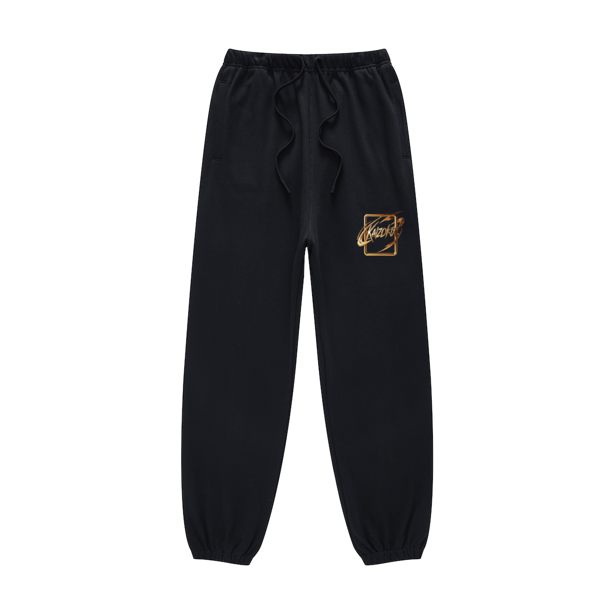 A sleek front view of black jogger pants featuring the bold Kaizo-Ku logo in gold on the left thigh, paired with a drawstring waistband for ultimate comfort.