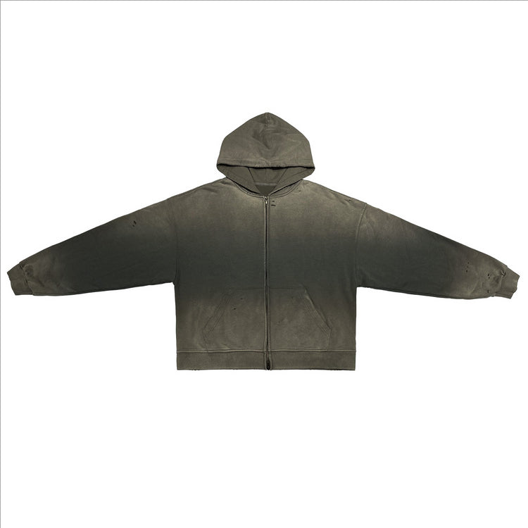  A flat-lay image of the Kaizo-Ku Vintage Faded Full-Zip Hooded Sweatshirt in Charcoal Gray, showcasing its distressed texture and functional design.