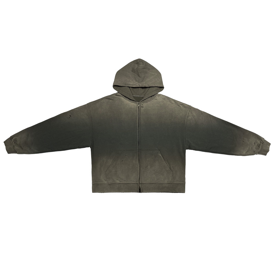  A flat-lay image of the Kaizo-Ku Vintage Faded Full-Zip Hooded Sweatshirt in Charcoal Gray, showcasing its distressed texture and functional design.