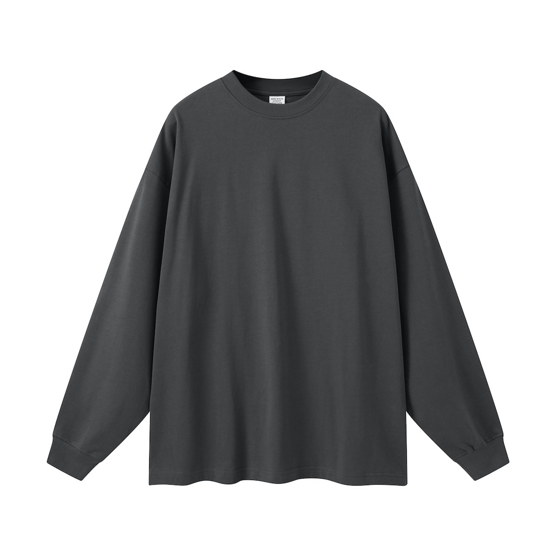 Front view of the Kaizo-Ku Wanderer Long Sleeve T-shirt in black. The front design is simple and minimalistic, emphasizing the focus on the back artwork. The relaxed fit and high-quality material make this an ideal choice for streetwear lovers.