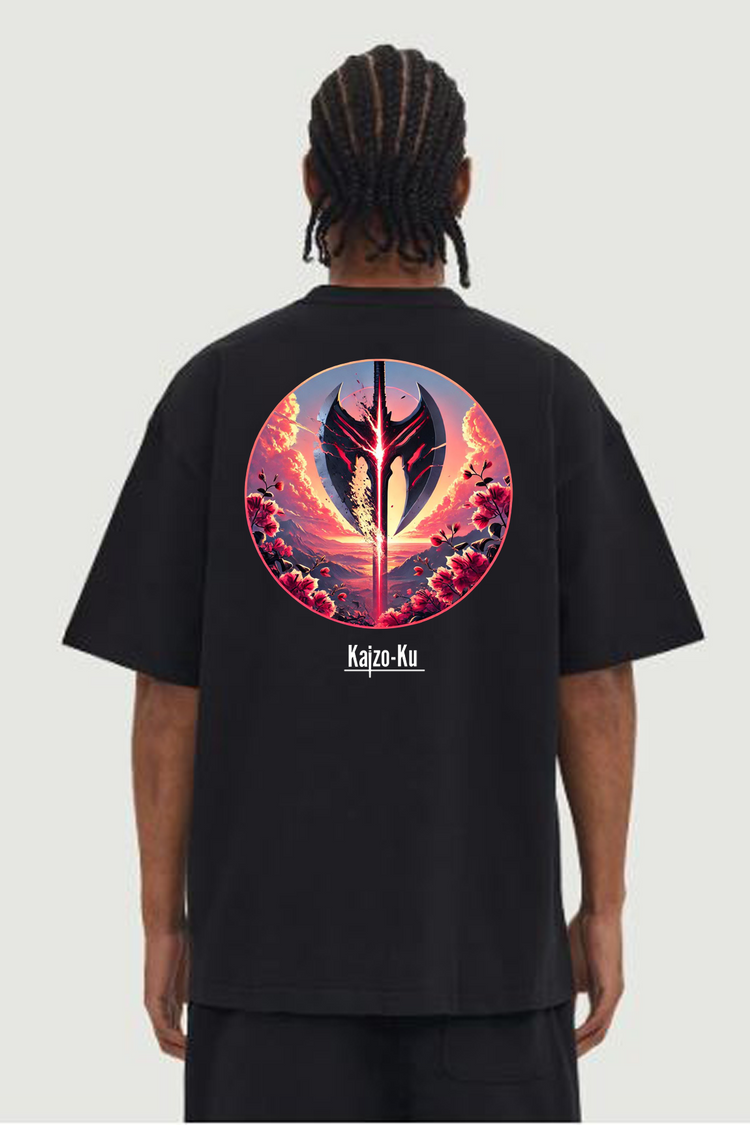 L’arrière du t-shirt révèle un design puissant : une hache massive entourée de fleurs incandescentes, un symbole de force et de détermination pour ceux qui imposent leur domination.