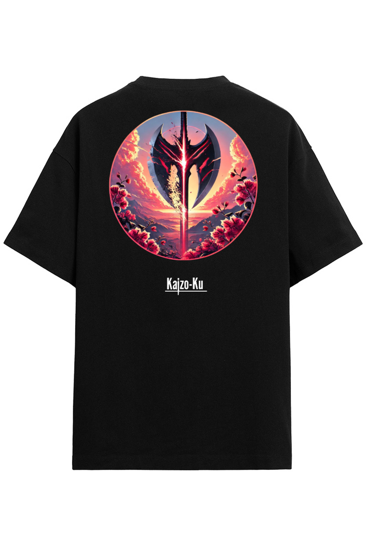 Le modèle porte le t-shirt oversized noir, offrant une coupe ample et un style minimaliste à l’avant, mettant en avant le confort et la qualité du coton premium.