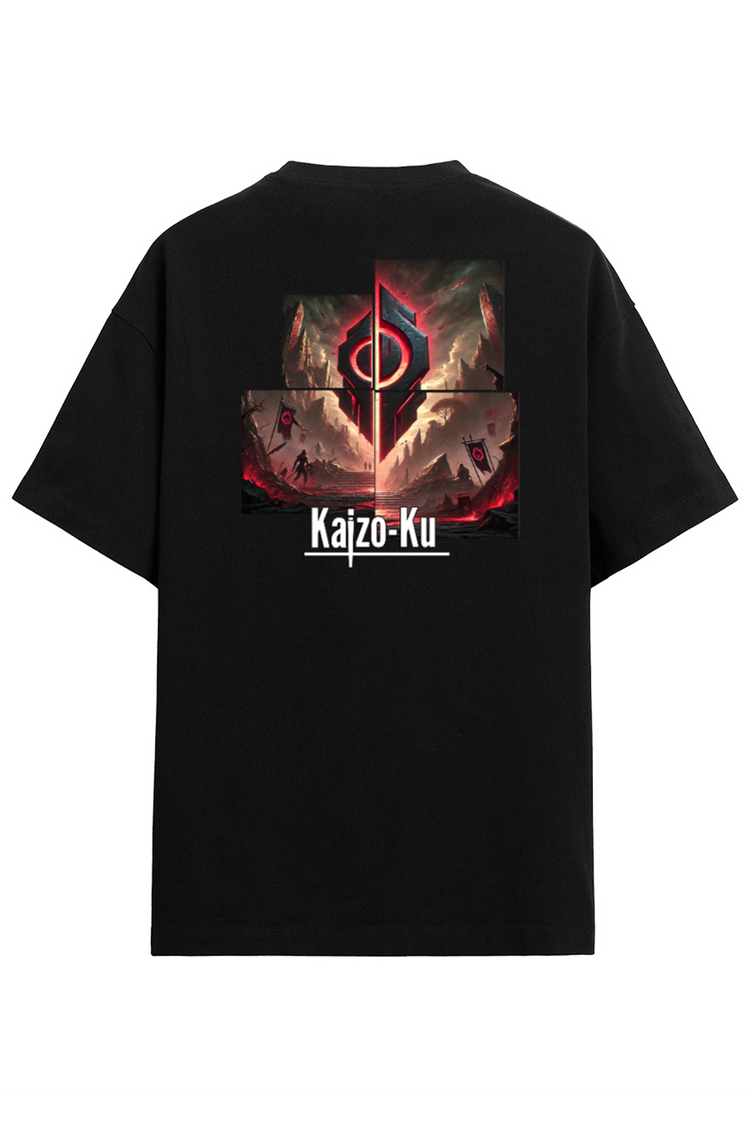 Vue arrière du T-shirt Dominion Écarlate avec son imprimé iconique représentant une bannière de conquête sur fond de champ de bataille embrasé.