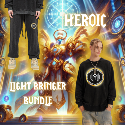 Le Light Bringer Heroic Bundle – Comprend un sweatshirt oversized en coton bio et un jogger black washed. Un ensemble premium et éco-responsable pour les gamers exigeants.