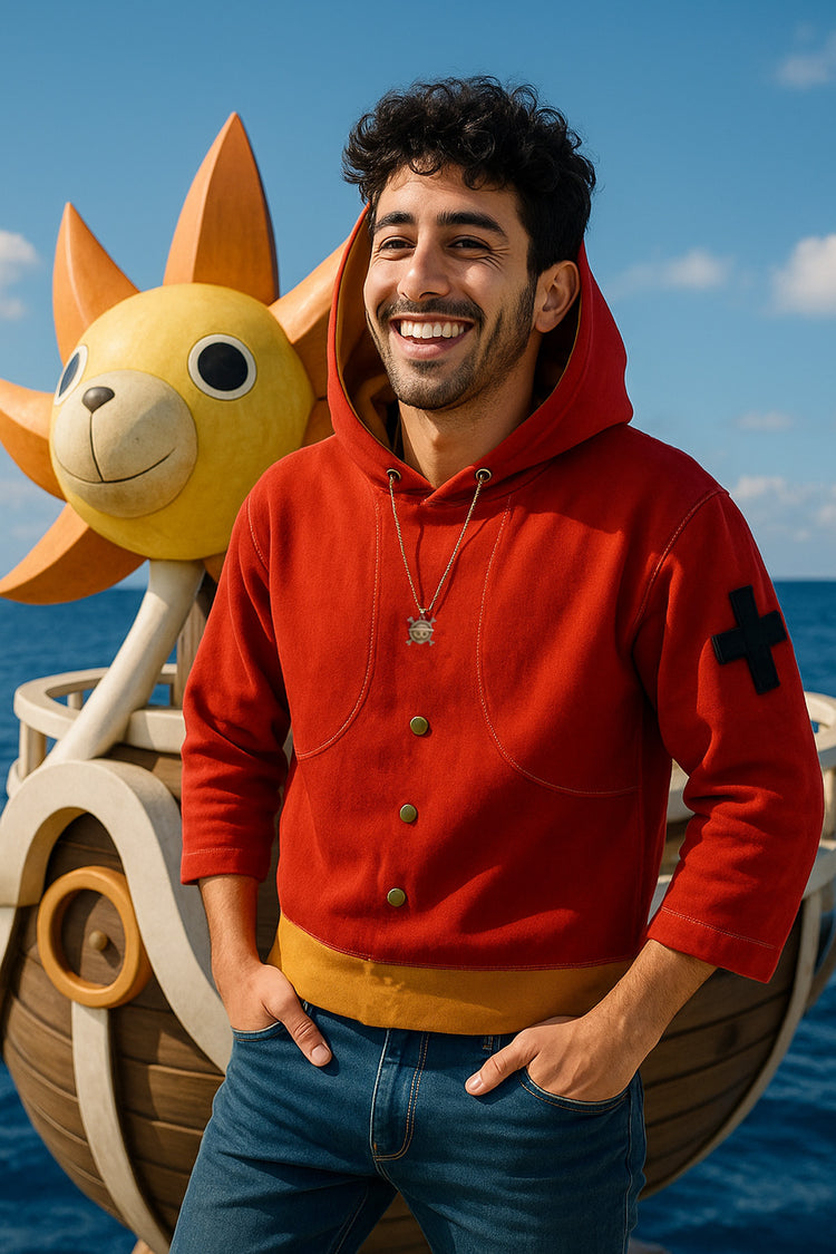 un modèle homme portant le hoodie one piece fait par kaizoku