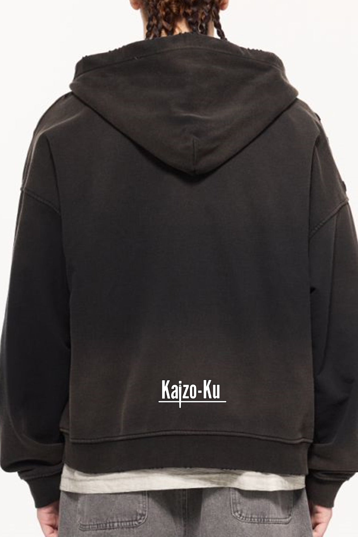 A model displays the back view of the Kaizo-Ku Vintage Faded Full-Zip Hooded Sweatshirt in Olive Green, highlighting the hood and relaxed fit.