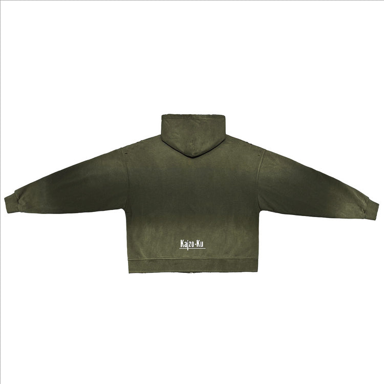 A flat-lay view of the Kaizo-Ku Vintage Faded Full-Zip Hoodie in Olive Green, perfect for casual and urban styles.