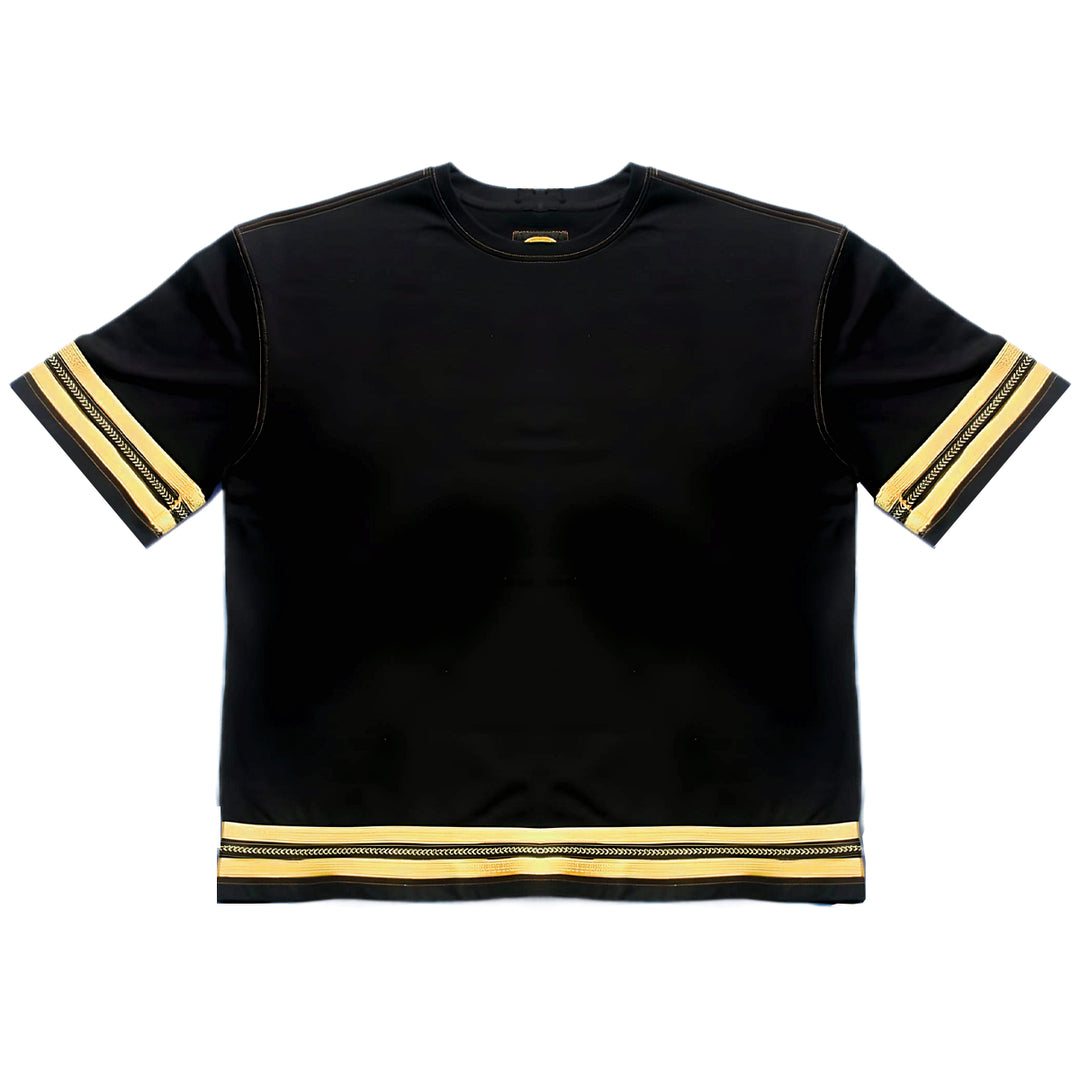 Flat view of the oversized black and gold caftan t-shirt