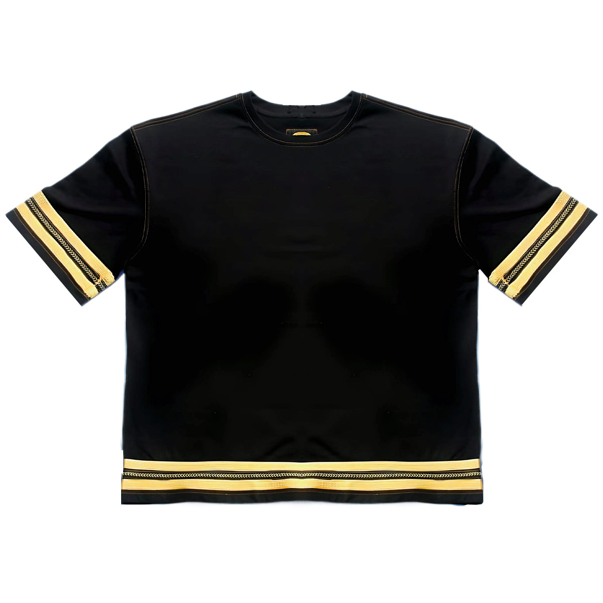 Flat view of the oversized black and gold caftan t-shirt