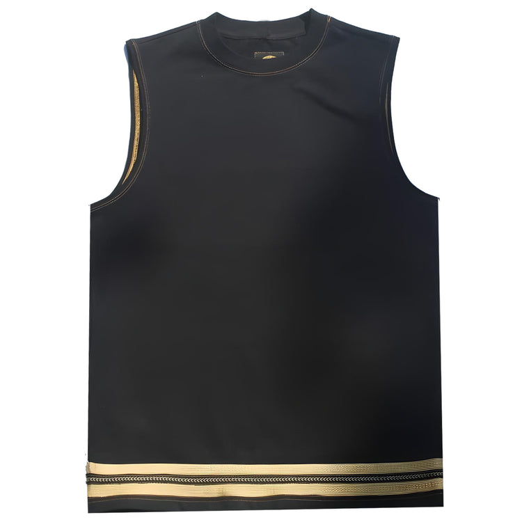 Flat view of the oversized black and gold caftan tank top