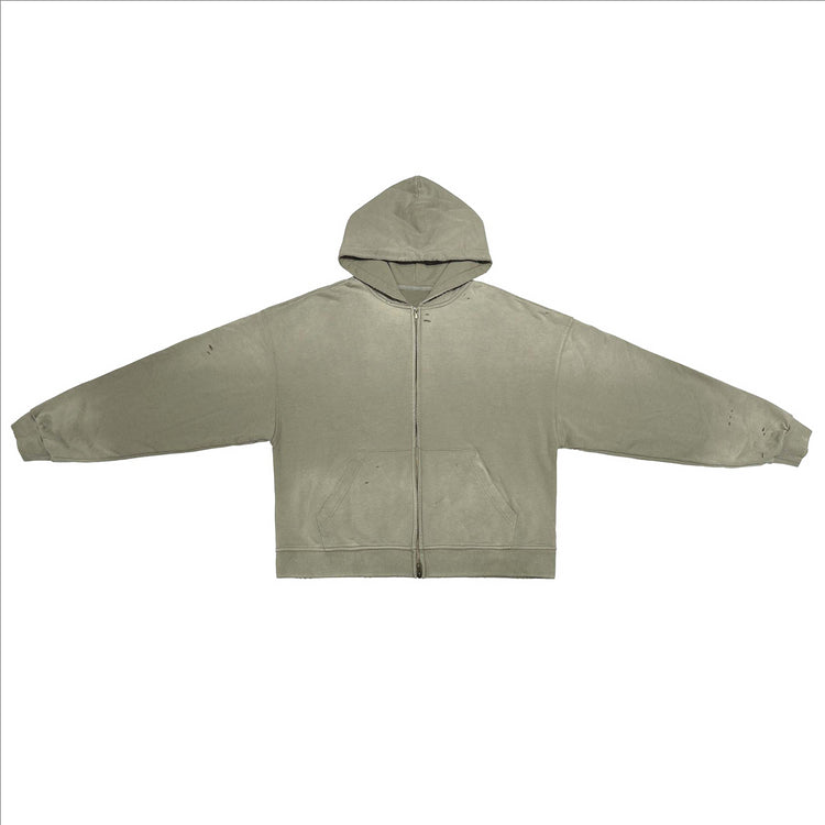The Kaizo-Ku Vintage Faded Full-Zip Hooded Sweatshirt in Sand color, emphasizing the front pockets, zipper closure, and clean streetwear look.