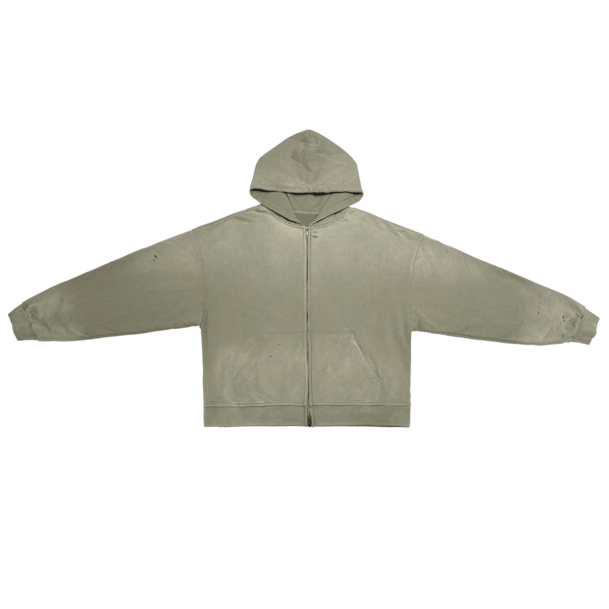 The Kaizo-Ku Vintage Faded Full-Zip Hooded Sweatshirt in Sand color, emphasizing the front pockets, zipper closure, and clean streetwear look.