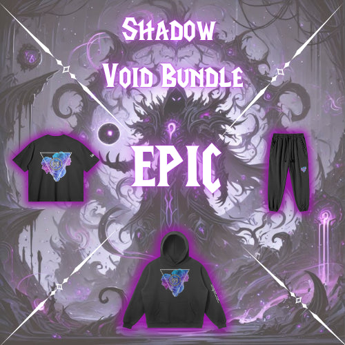 Le Shadow Void Epic Bundle – Un ensemble streetwear premium comprenant un t-shirt, un jogger et un hoodie oversized, arborant le logo "Shadow Void" de Maze Esports. Confort, durabilité et style sont au rendez-vous pour les gamers et les amateurs de mode urbaine.