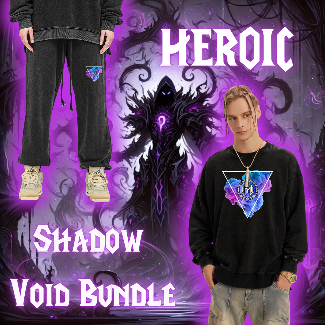 Le Shadow Void Heroic Bundle – Comprend un sweatshirt oversized et un jogger black washed, avec le logo "Shadow Void" de Maze Esports. Conçu pour les gamers et les amateurs de mode urbaine haut de gamme.