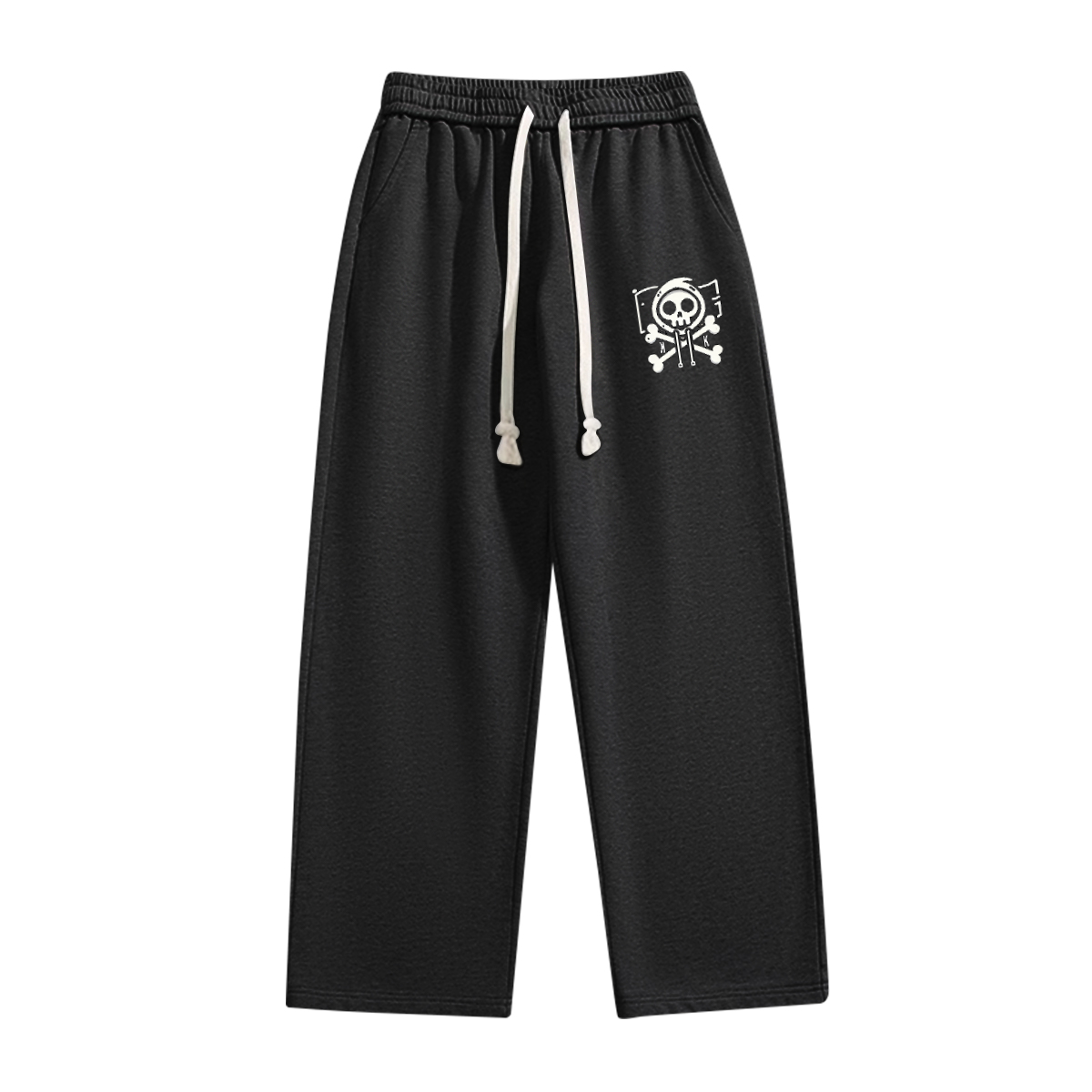 A front view of the black wide-leg sweatpants featuring a bold white skull print and drawstring waistband for an adjustable fit. Perfect for urban streetwear enthusiasts.