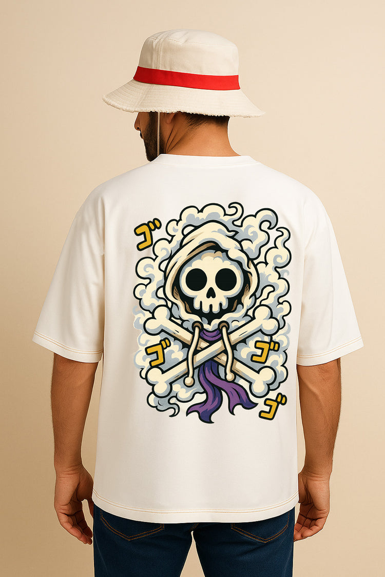 Dos du t-shirt Kaizo-Ku blanc avec Jolly Roger Gear 5, porté par un modèle