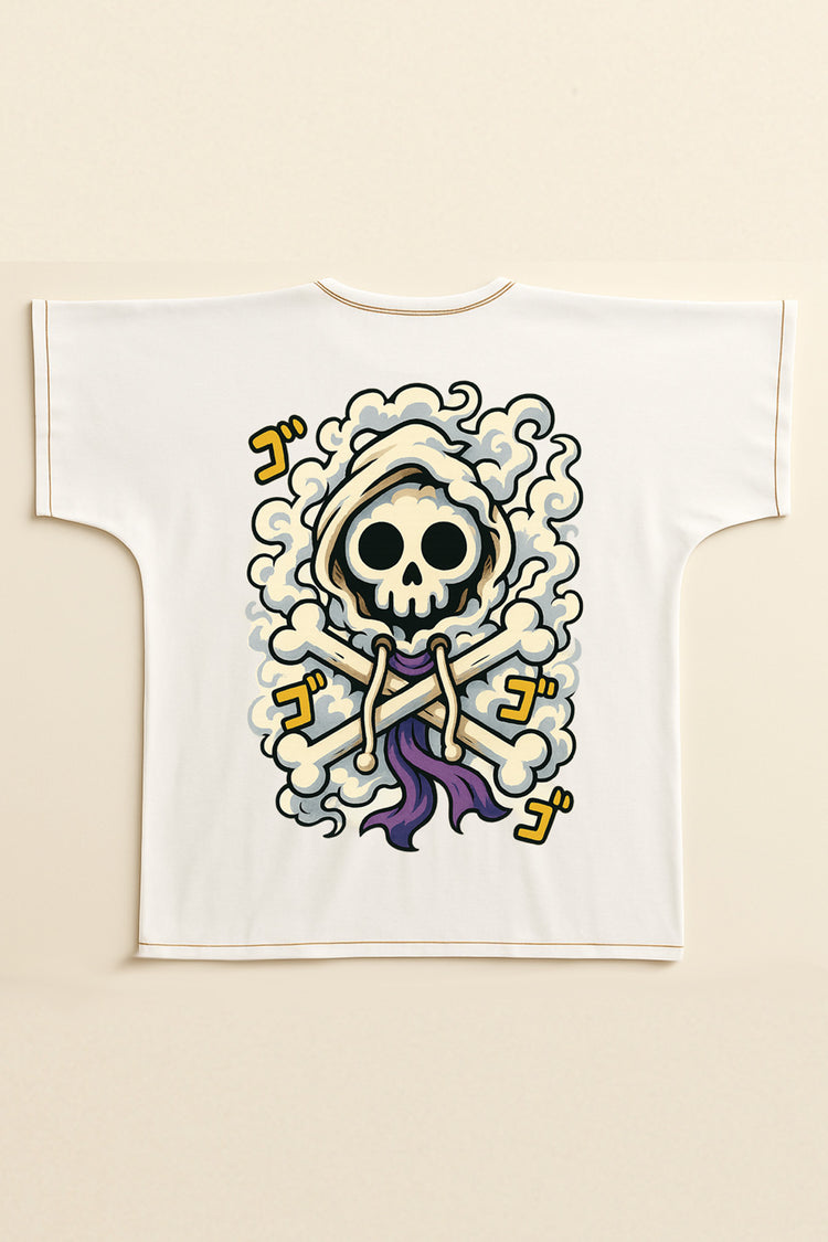 T-shirt Kaizo-Ku blanc oversize à plat montrant l’imprimé dos Gear Five