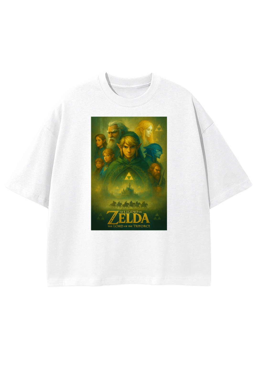 T-shirt blanccropped Zelda Lord of the Triforce, design épique avec Link et Hyrule Castle.