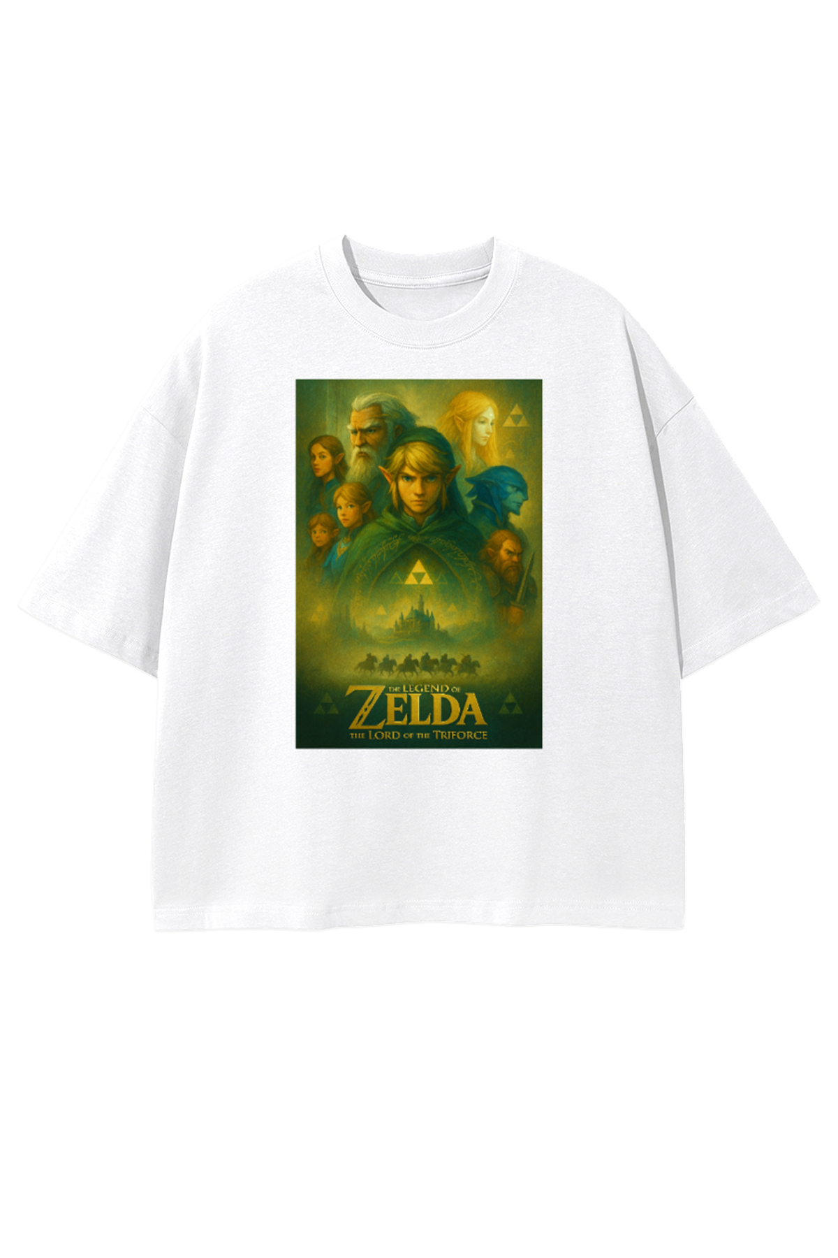 T-shirt blanccropped Zelda Lord of the Triforce, design épique avec Link et Hyrule Castle.