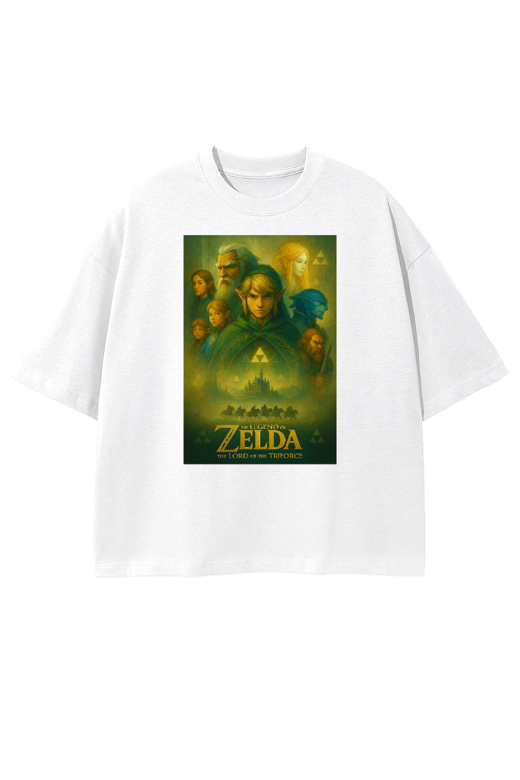 T-shirt blanccropped Zelda Lord of the Triforce, design épique avec Link et Hyrule Castle.