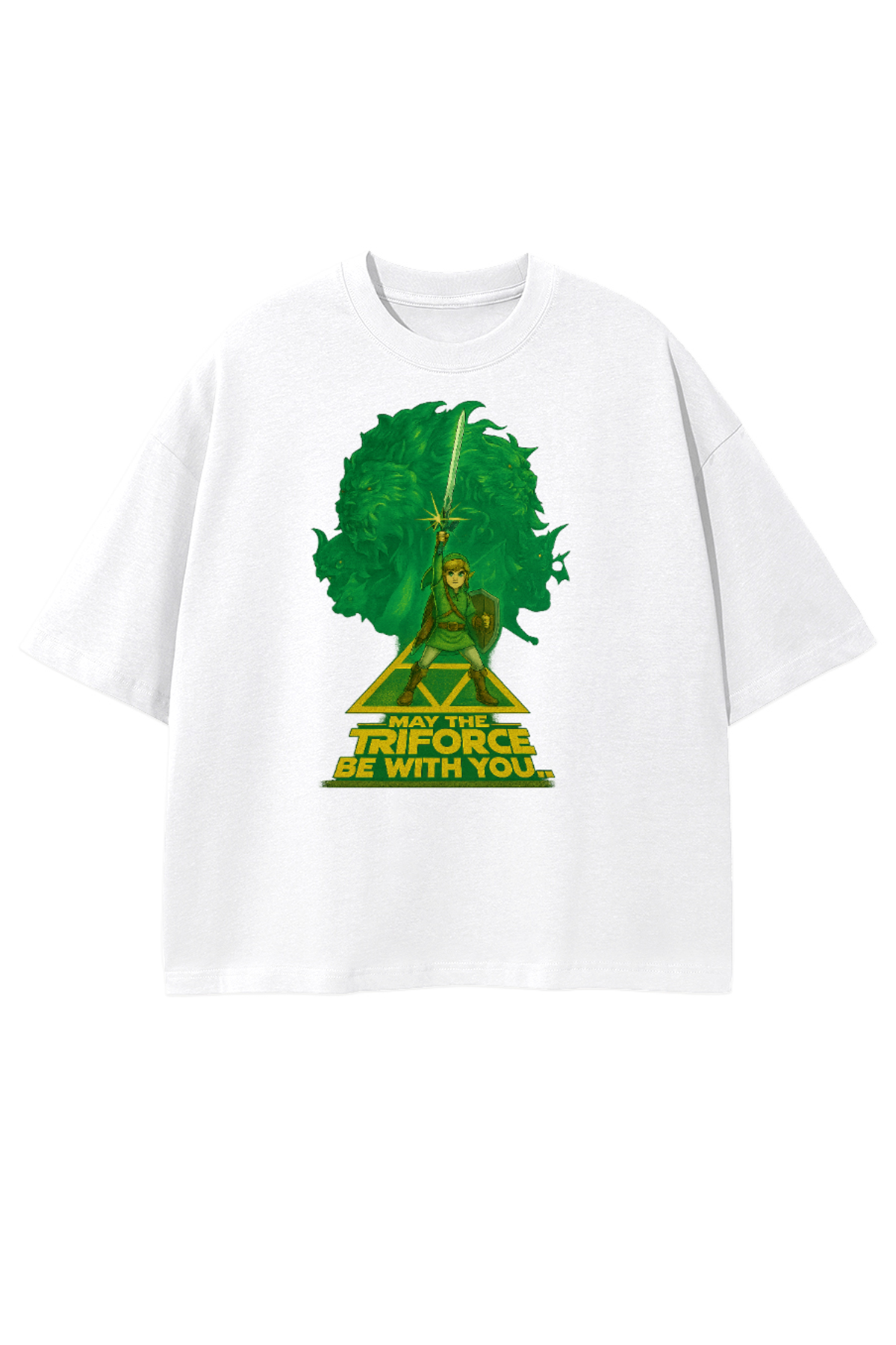 T-shirt blanc oversize Zelda Star Wars, impression verte Link et Triforce.