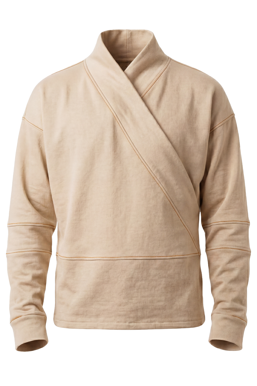 Vue face du t-shirt manches longues style kimono beige avec ouverture croisée et col structuré inspiré des tenues d’apprentissage