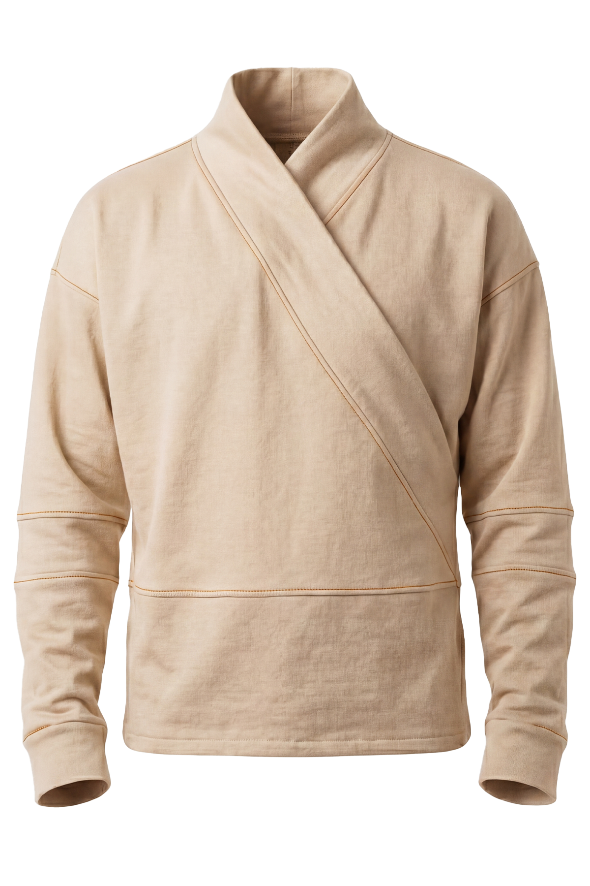 Vue face du t-shirt manches longues style kimono beige avec ouverture croisée et col structuré inspiré des tenues d’apprentissage