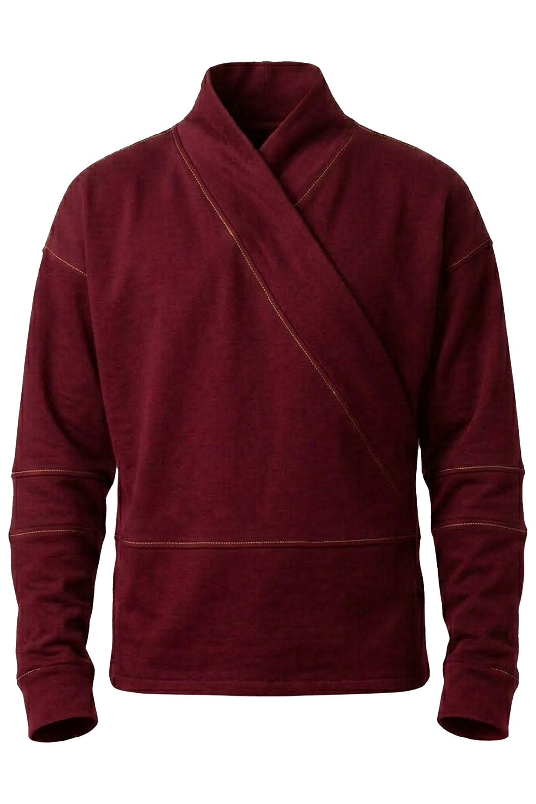 Vue face du t-shirt manches longues bordeaux avec construction croisée kimono et design minimaliste
