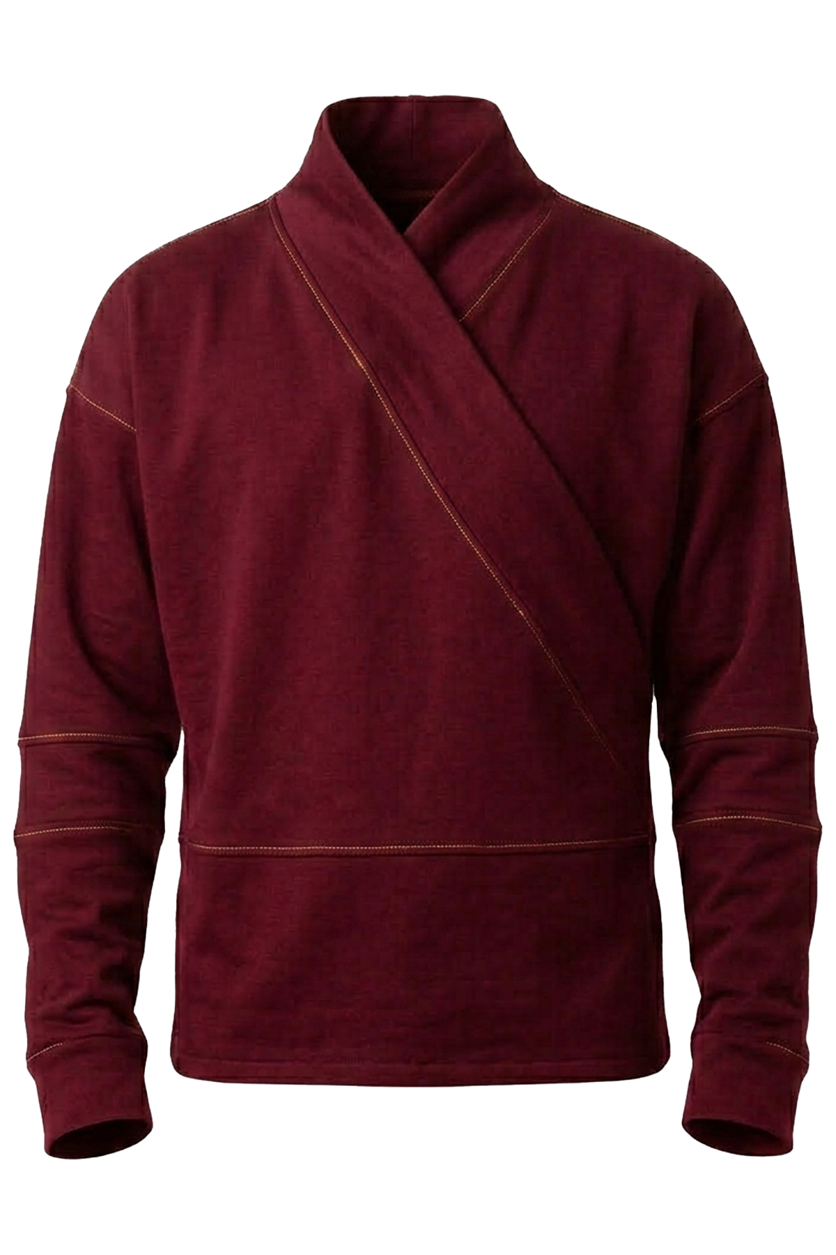 Vue face du t-shirt manches longues bordeaux avec construction croisée kimono et design minimaliste