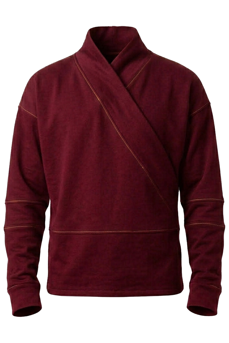 Vue face du t-shirt manches longues bordeaux avec construction croisée kimono et design minimaliste