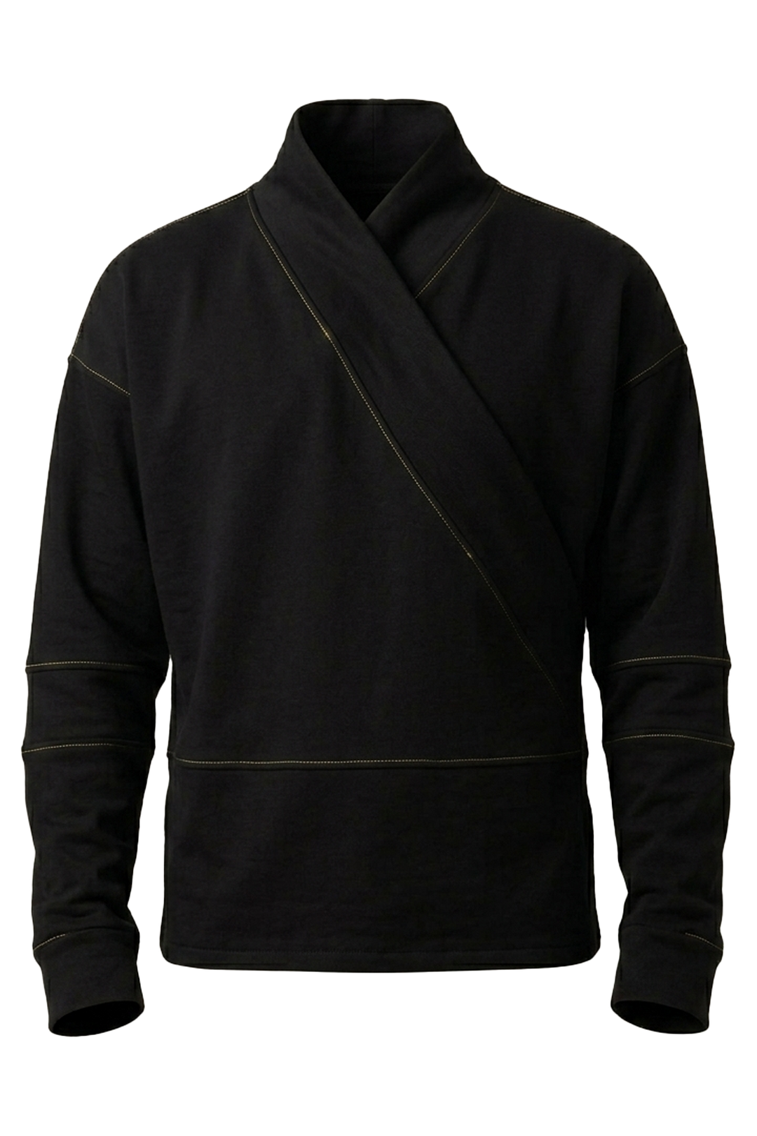 Vue face du t-shirt manches longues noir avec effet kimono croisé et design sobre inspiré de la fiction