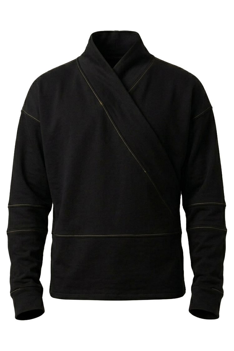 Vue face du t-shirt manches longues noir avec effet kimono croisé et design sobre inspiré de la fiction