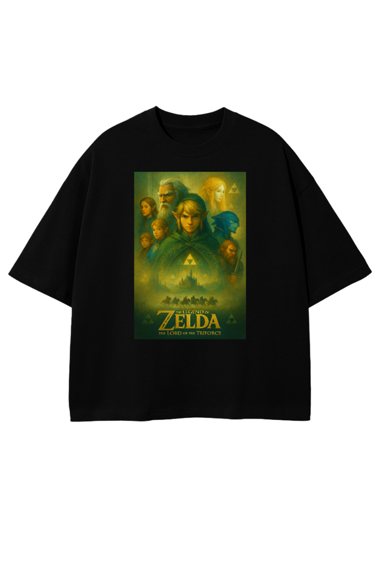 T-shirt noir cropped Zelda Lord of the Triforce, illustration héroïque de Link et personnages d’Hyrule.
