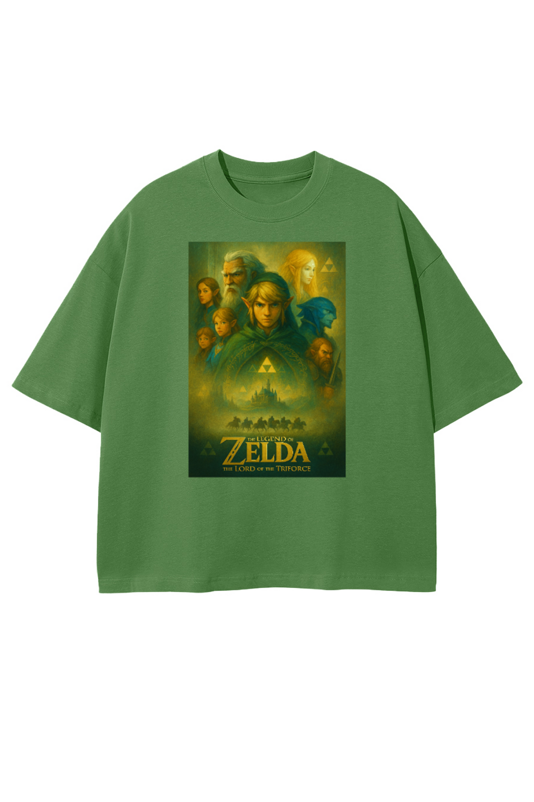 T-shirt vert cropped Zelda Lord of the Triforce, impression Triforce et personnages emblématiques.
