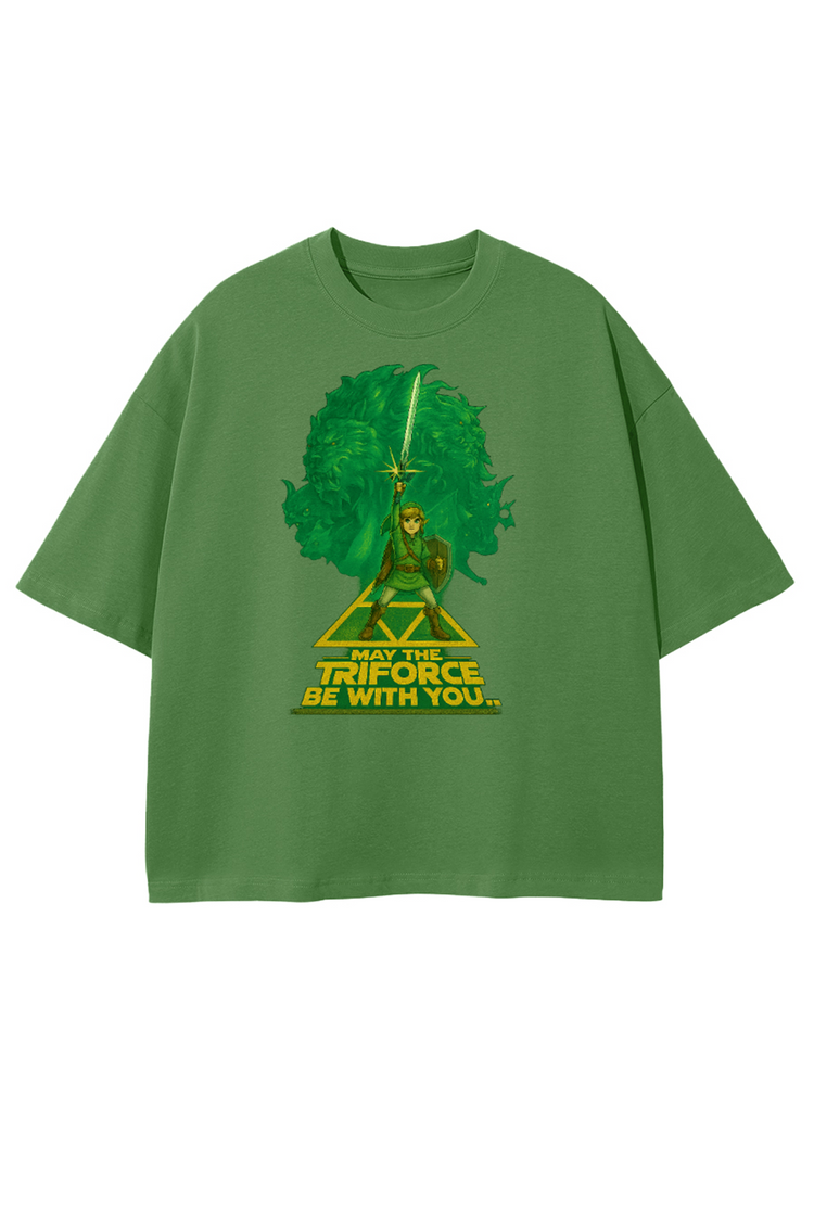 T-shirt vert oversize Zelda x Star Wars, motif Triforce et Link brandissant l’épée.