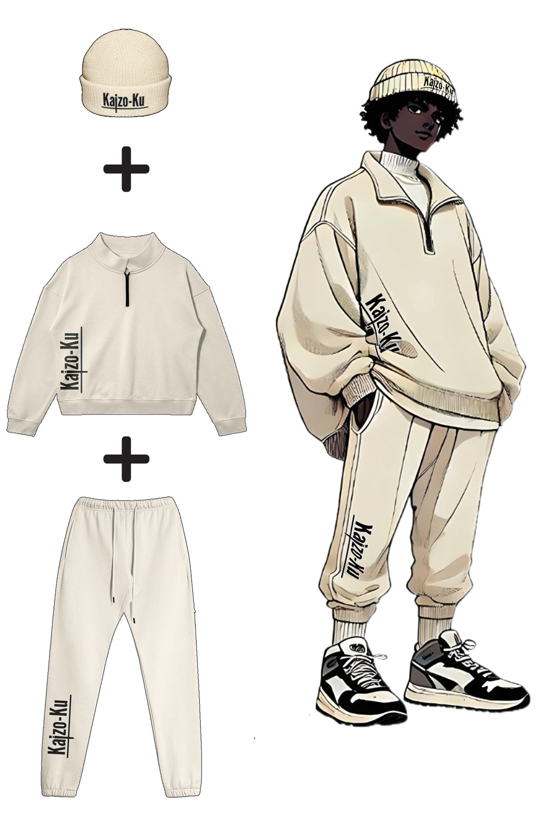 Illustration of Kaizo-Ku Beige Matched Set: beanie, oversized half-zip sweatshirt, and joggers.