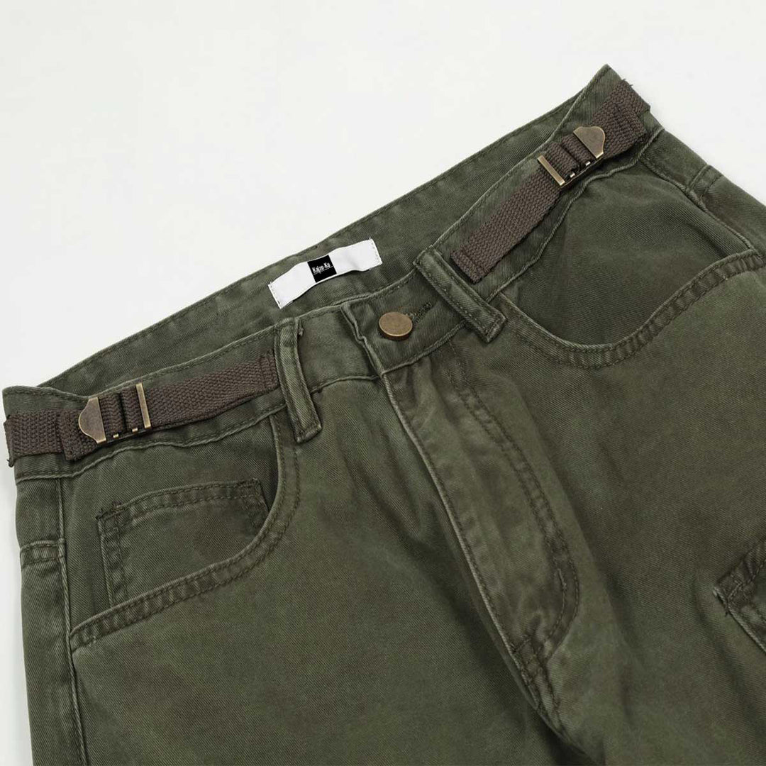 A close-up of the adjustable waistband on olive green cargo pants, emphasizing comfort and a tailored fit for all-day wear.