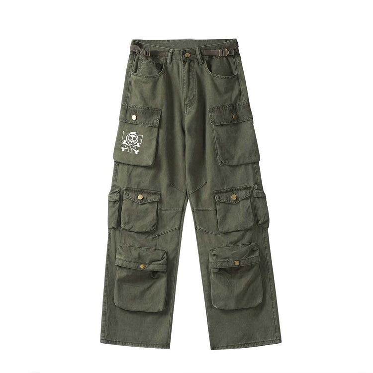  A front view of the oversized cargo pants in olive green, highlighting the symmetrical arrangement of utility pockets and the rugged yet refined design.