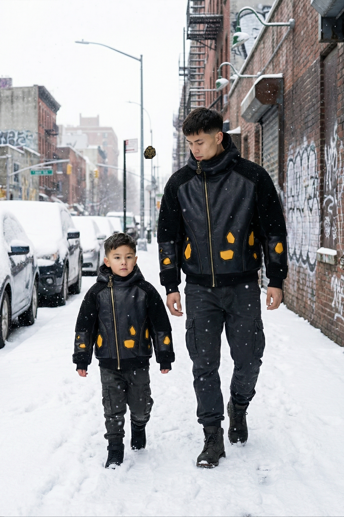 Un adulte et un enfant portant une veste streetwear noire avec empiècements jaunes, marchant dans une rue enneigée. Pièce inspirée d’un univers pirate, pensée pour un style moderne et premium.