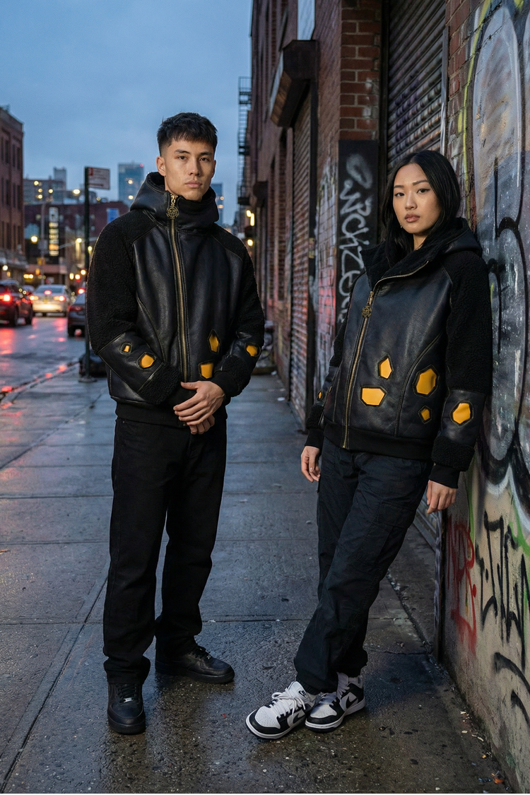 Deux modèles portant une veste streetwear noire avec empiècements jaunes, dans une rue urbaine en soirée. Pièce inspirée d’un univers pirate, style moderne et premium.