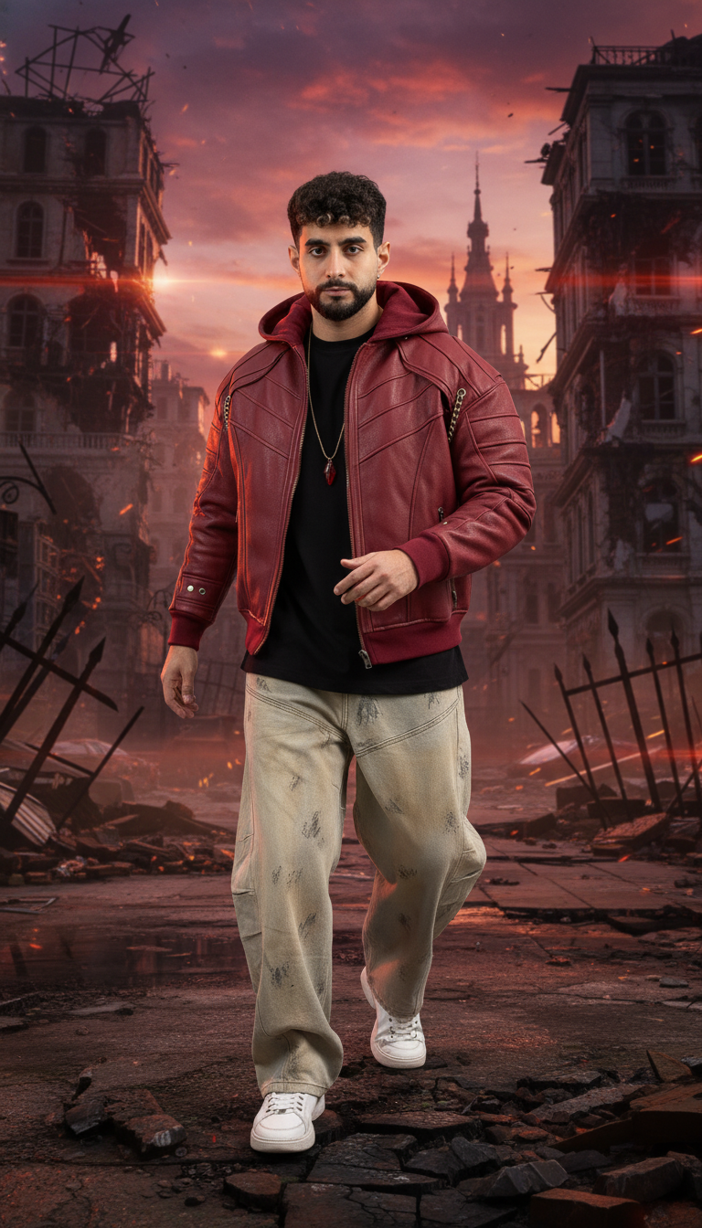 L’essence même du chasseur de démons. Cette photo capture toute la présence du héros : la veste rouge sang, ses chaînes métalliques, et sa coupe boxy imposante inspirée de Dante dans Devil May Cry 5.
Un mélange parfait entre univers vidéoludique et streetwear haut de gamme signé Kaizo-Ku.